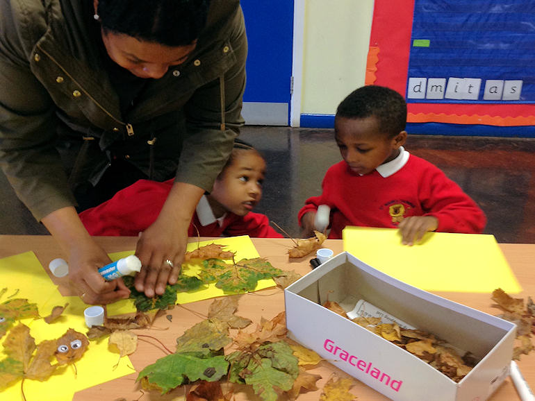 Making leaf collages with mum